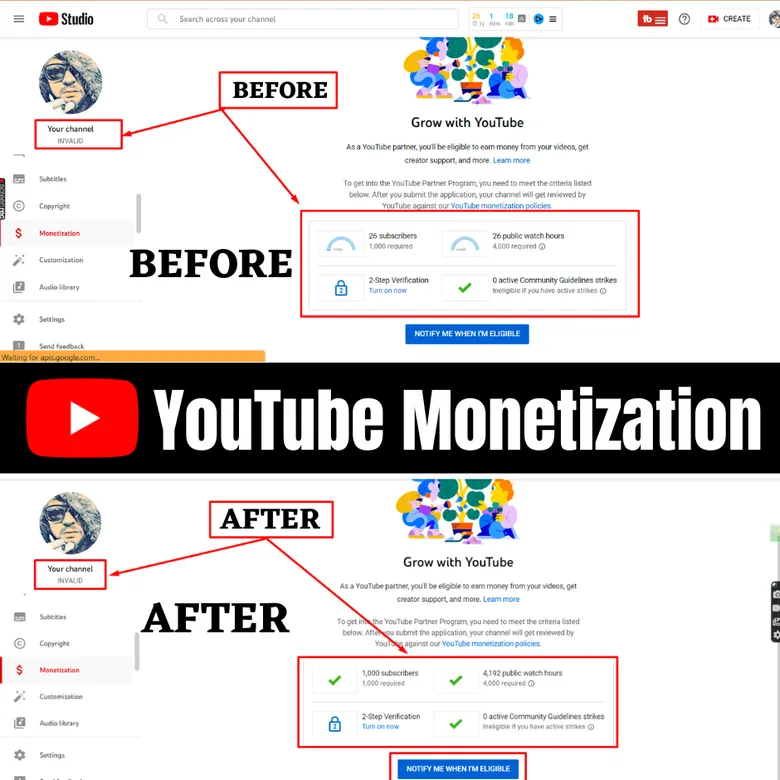 Home YouTube Studio monetization before and after